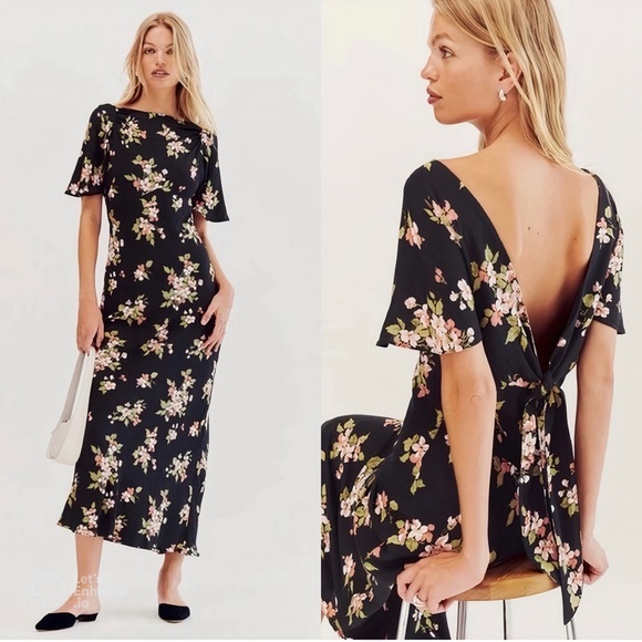Reformation Lassie Daphne Midi Floral Open Back Maxi Dress Black Size 2 - Picture 1 of 15